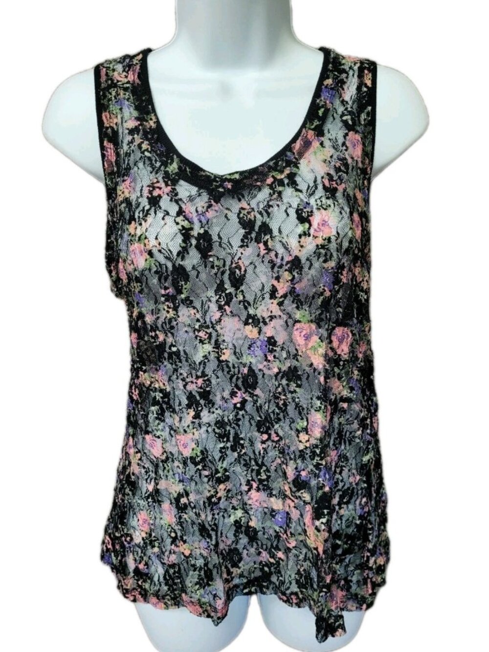 Vintage Y2K Womens Jrs Blouse Top Black Floral Sheer Mesh Lace‎ L Whimsygoth